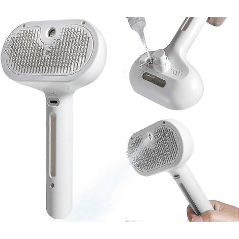 Brosse nettoyante 2 en 1 pour chats et chiens avec réservoir d'eau et bouton de vidange, idéale pour éliminer les poils d'animaux.