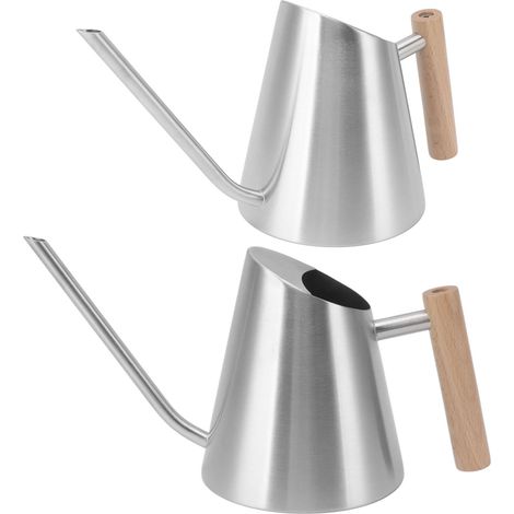 Arrosoir à long bec, en acier inoxydable antirouille avec poignée en bois, pour jardin, bonsaï, intérieur et extérieur, couleur argent. (1/5)
