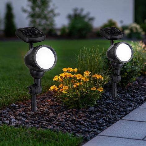 Lampada da esterno, lampada solare, luce solare, lampada plug-in, lampada da giardino, picchetto IP44, batteria ricaricabile, spot mobile, nero, 1x LED bianco caldo, LxH 8,5x17cm, set di 2
