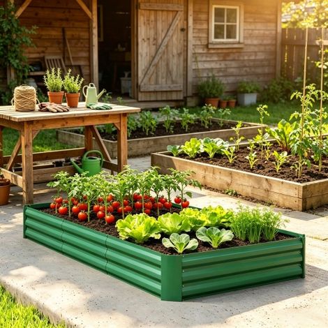 Potager surélevé galvanisé avec rebord de sécurité, fond ouvert, sur site (1/5)