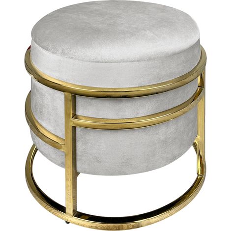 Pouf Contenitore Poggiapiedi Velluto Con Struttura Circolare Cromata Oro Elegante Imbottito Sgabello Per Toeletta Mobile Trucco Ottomano Ingresso Camera Da Letto Soggiorno Salotto Rotondo Grigio chiar (1/5)
