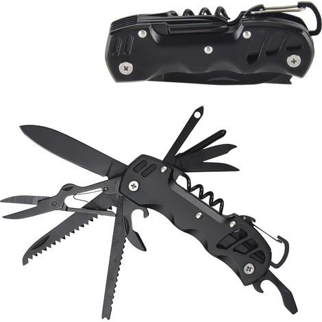 Couteau de poche 12 en 1, outil de poche, outil multifonction pliable avec décapsuleur, couteau, tournevis, lime, scie, pince et sac (noir) (1/5)