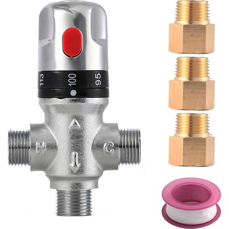 Thermostatic mixing valve, shower water mixing valve, with 1/2"G to 1/2" NPT connection adapters, water temperature control valve, Grey (1/5)