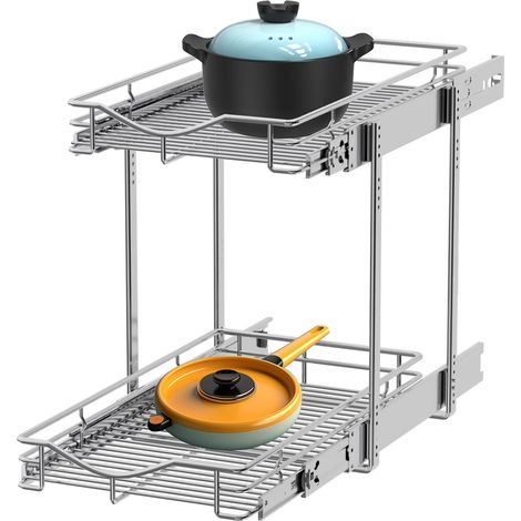 Étagère coulissante à 2 niveaux (27,9 cm de large x 45,7 cm de profondeur) en métal robuste, deux étagères coulissantes pour armoires de cuisine, garde-manger, salle de bain, finition chromée (1/5)