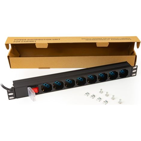 Link multipresa da rack LK10065 con 8 prese universali/Schuko/tripolari, con interruttore e spina C14. Per rack 19”, in metallo resistente, 3,5KW, misure 48,5x4,5x4,5. Alette reversibili. (1/4)