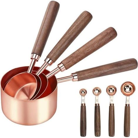 Cuillères à mesurer et tasses à mesurer en acier inoxydable, jeu de 8, 4 cuillères à mesurer, 4 tasses à mesurer, poignées en bois