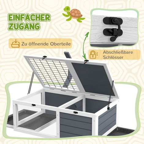 Maison pour tortues, terrarium à 2 compartiments, couvercle, plateaux en plastique, fenêtre, bois, gris (1/5)