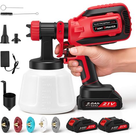 Pistolet a Peinture sans Fil,Pistolet à Peinture avec Batterie 21 V,Pulverisateur avec 3 Modes, Pistolet Peinture Electrique avec 2x2000 mAh et Chargeur pour Clôtures, Murs, Plafonds (1/5)