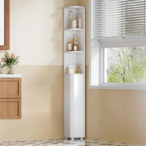 Meuble de salle de bain d'angle 20x20x170 cm – Armoire avec étagères réglables et 2 portes – MDF résistant à l'humidité – Montage facile