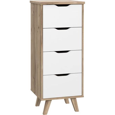 Chiffonnier 4 tiroirs décor chêne et blanc pieds bois massif - ALBANE (1/5)