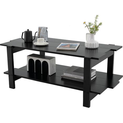 Table Basse à 2 Niveaux Rectangulaire d'Accent, en Bois à Lattes avec Étagère de Rangement, pour Salon, Charge 120kg, 115 x 59 x 46CM (1/5)