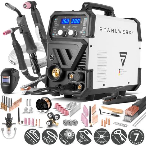 STAHLWERK Saldatrice a gas inerte 6-in-1 Combinata CTM-416 Puls Pro – Dotazione completa – CUT, TIG, MIG/MAG, PULS, MMA (saldatura a elettrodo/ARC), FLUX fino a 160 A, taglierina al plasma fino a 40 A (1/5)