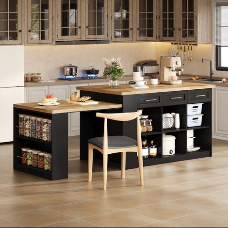 Isola cucina 150x90x90 cm con tavolo allungabile e contenitore, in legno e MDF nero - naturale (1/5)