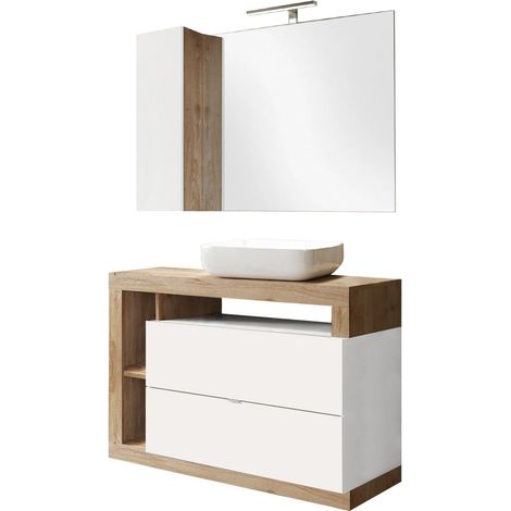ARTURO - Meuble Vasque 110cm + Miroir blanc et aspect bois finition Cadiz (1/5)