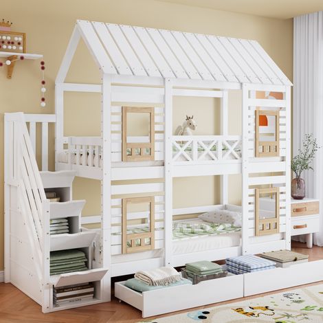Lit superposé 90x200 cm avec 2 tiroirs et escalier de rangement, avec fenêtres, en bois, blanc et naturel, sans matelas (1/5)