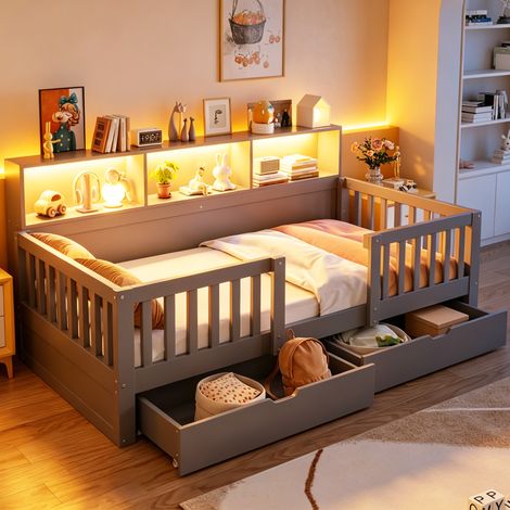 Kinderbett 90x200 grau mit Rausfallschutz und 2 Schubladen, modernes Jugendbett mit LED-Beleuchtung und Regal im Kopfteil, MDF und Metall (1/5)