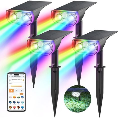 Spot Solaire Exterieur avec Détecteur de Mouvement, 16 Millions de Couleurs, Contrôle de Groupe, Synchro Musique, Alarme Lumière Rouge, IP65 Lampe de Jardin, Noël, Halloween, 4 PCS (1/5)