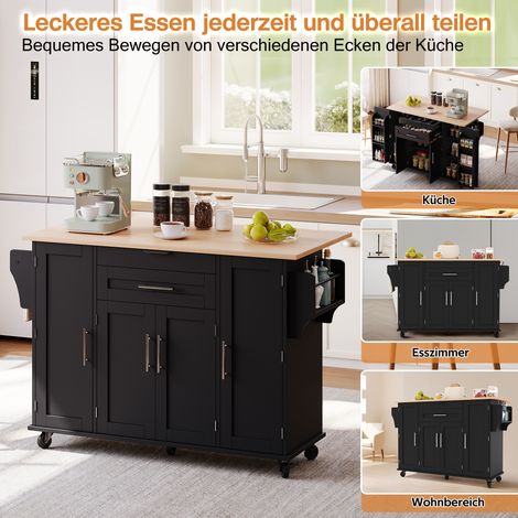 Îlot de cuisine mobile 120x45cm, table roulante avec plan de travail extensible jusqu'à 70cm, tiroir à couverts dissimulé, étagères réglables, porte-épices et porte-serviette, parfait pour cuisine, sa (1/5)