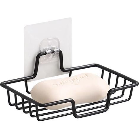 Jabonera, no requiere perforación, acero inoxidable 304 resistente a la corrosión, soporte de pared para jabón, jabón en barra, soporte para esponja para baño y cocina, cuadrado (negro) (1/5)