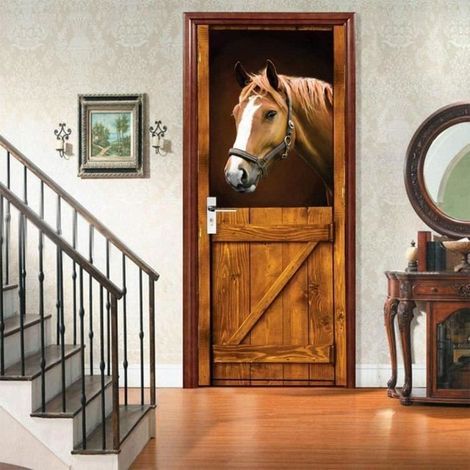 3D Horse Door Wall Stickers - Removable Home Decor for Bedroom Living Room, Artistic Photo Decals.