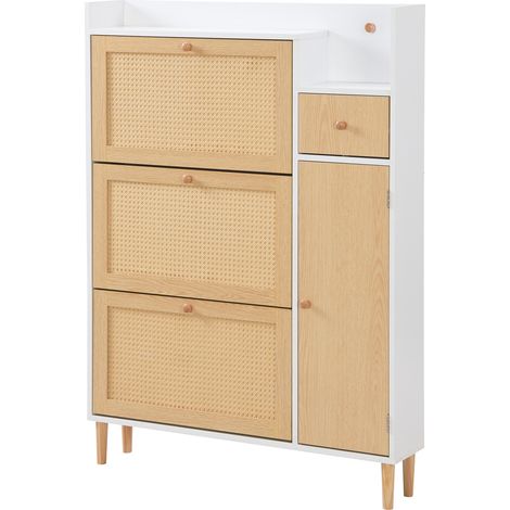 Scarpiera salvaspazio in MDF e legno con 3 ante a ribalta e 1 cassetto, 90 x 17 x 125 cm (1/5)