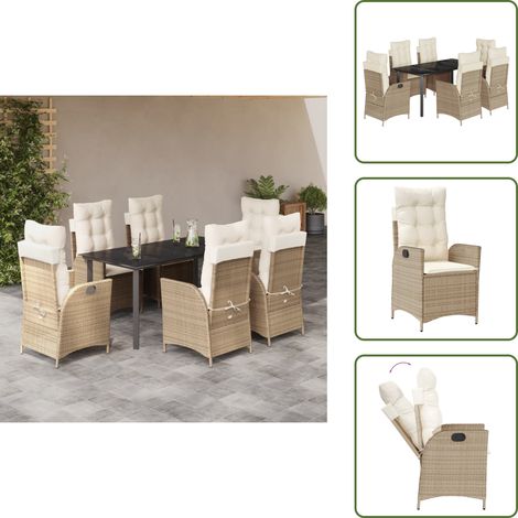 The Living Store Set da Pranzo da Giardino 7 pz con Cuscini Beige in Polyrattan - Sedie da giardino reclinabili