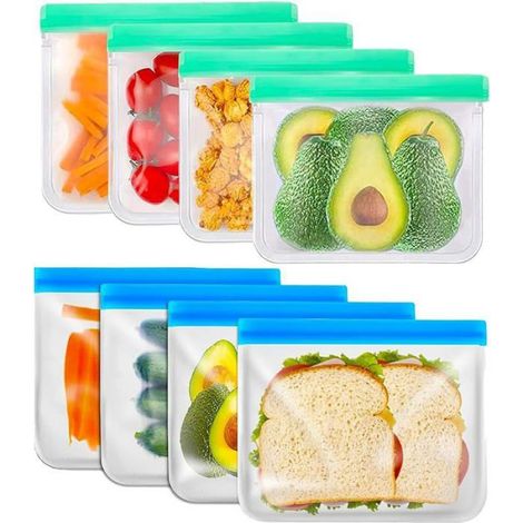 Sac Alimentaire Réutilisable - Silicone PEVA Sans BPA - Pour Sandwich Congélation Stockage - 22 x 18,5 cm - Lot de 8 (1/4)