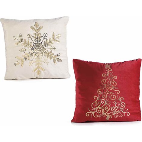 Cuscini fiocco di neve natalizio e albero di Natale sfoderabili effetto velluto con decori ricamati con paillettes, set da 2 pezzi, cm 46 x 46 H
