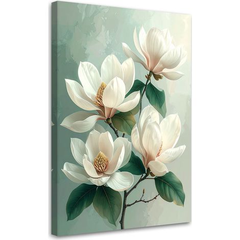 Image sur Toile, Magnolias blancs à feuilles vertes sur fond menthe,30x45 (1/4)