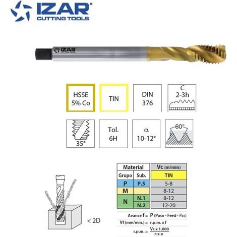 Taraud hélicoïdal machine Izar HSSE5%co TIN pour inox, métrique de M8 à M24 M8 (1/2)