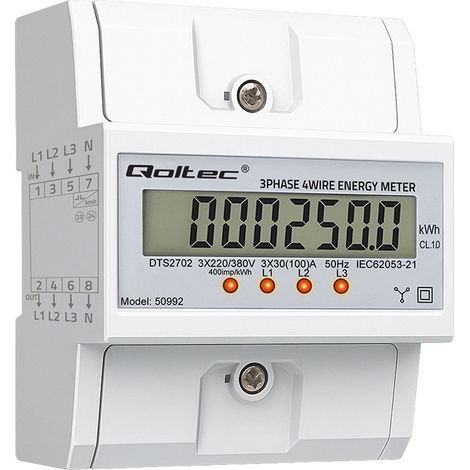 Compteur électronique triphasé Qoltec Compteur de consommation d'énergie sur rail DIN 400 V 100 A Écran LCD 4 pôles (1/5)