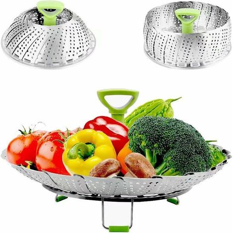 Cuiseur vapeur pliable pour casseroles, en acier inoxydable, adapté à différentes tailles de casseroles, avec poignée extensible résistante à la chaleur et pieds antidérapants (14-23 cm). (1/4)