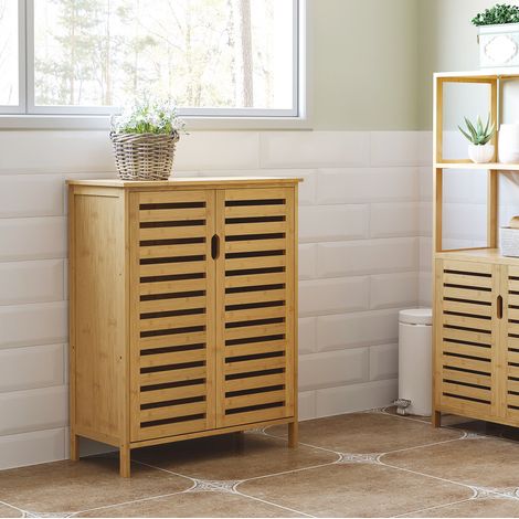 Armario de baño de bambú 68x32x86 cm, con 2 puertas de lamas, 2 estantes interiores, natural (1/5)