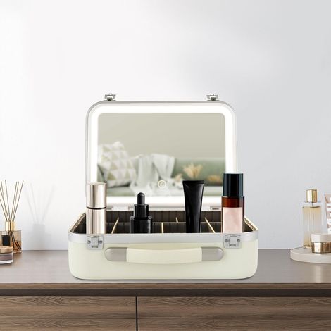 Kosmetik Aufnahmebox mit Spiegel mit Licht, Kosmetiktasche Aufbewahrung Kosmetiktasche, Friseur Werkzeug Organisator, 34  24  12cm