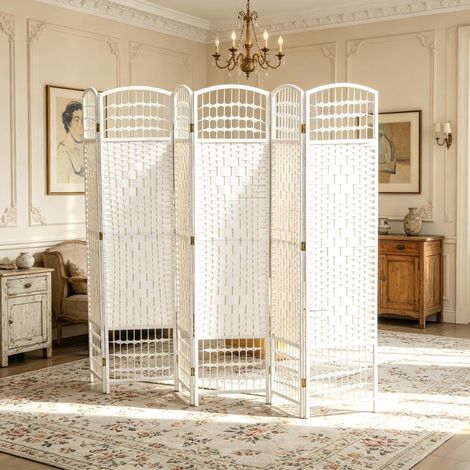 Paravent pliable 6 panneaux 242x40x170 cm en bois blanc, gain de place pour salon FLORAGRACE (1/5)