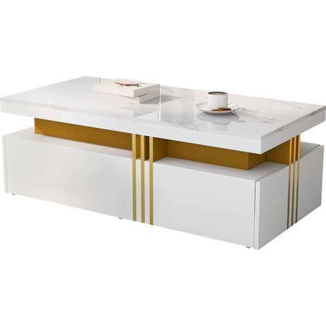 CHICFURN Mesa de centro rectangular 100x50x40 cm blanca efecto mármol, 2 cajones (1/5)