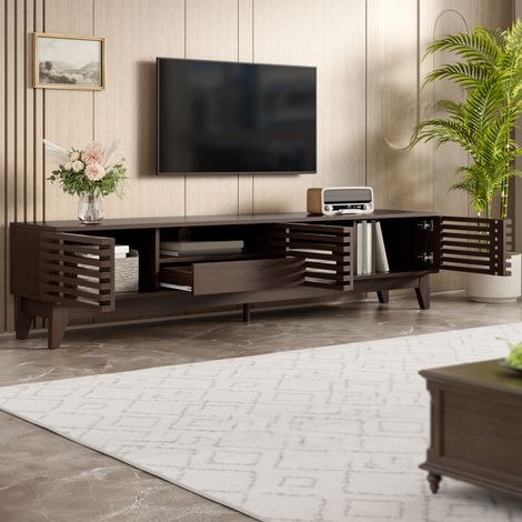 Meuble TV 170 x 35 x 40 cm avecà un tiroir et 3 portes, rangement optimisé,finition bois vintage,noir (1/4)