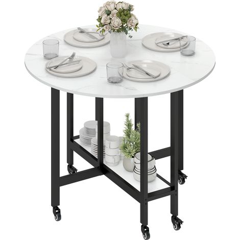 Table à Manger Pliante sur Roulettes, Table de Cuisine pour 4 Personnes avec Étagère Intégrée, 100 x 100 x 75 cm, Blanc, rangement design, salon et bureau (1/5)