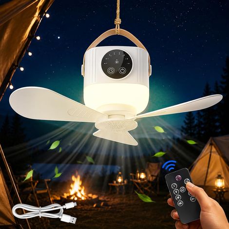 Ventilateur Plafond Camping, avec Lumièreet Minuterie, Silencieux Ventilateur de Camping, 4 Vitesses Réglables, LED Dimmable, Tente Ventilateur Plafond pour Dortoir Parasol Cuisine Bain (WH) (1/5)