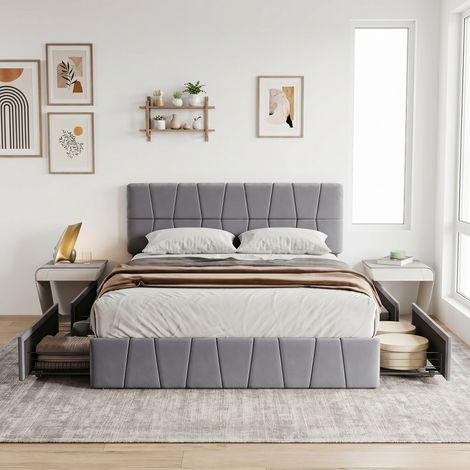 lit adult double 160x200 cm avec sommier à lattes, Lit coffre 160x200 avec 4 tiroirs, tête de lit capitonnée, cadre métal, velours gris (1/5)