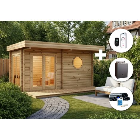 Kit tout-en-un sauna extérieur Harmonie Naturel , 70 mm Épaisseur de paroi 508 x 354 cm