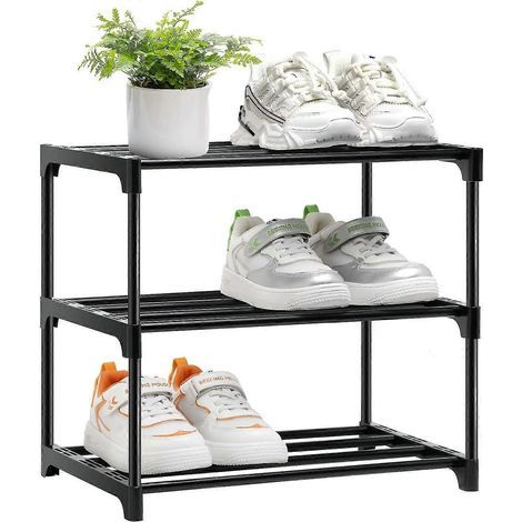 Petit meuble à chaussures, étagère à chaussures à 3 niveaux, mini organisateur de chaussures, étagère de rangement empilable et mince pour entrée, chambre, montage rapide. (1/5)