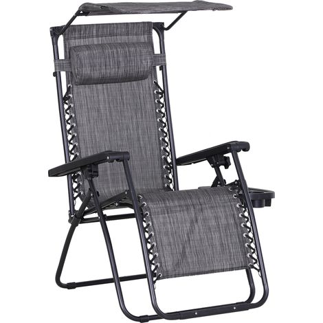 Foldable Reclining Garden Chair with Headrest, Zero Gravity Deck Sun Lounger Seat Chair with Footrest, Armrest, Cup Holder & Canopy Shade, Grey (1/5)