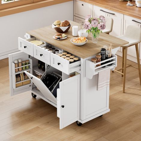 Îlot cuisine roulant blanc espace repas extensible compartiment poubelle tiroirs meuble cuisine (1/5)