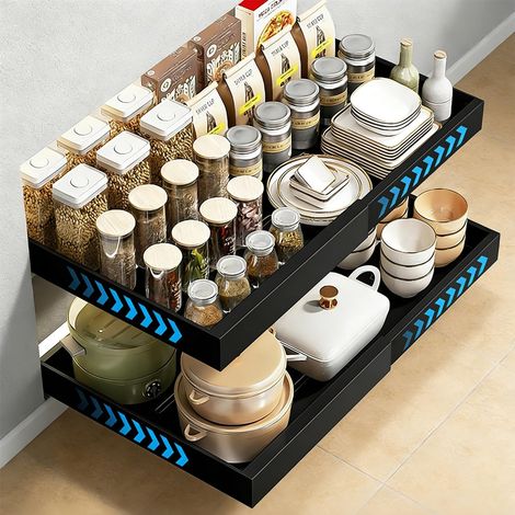 Lot de 2 tiroirs extensibles télescopiques pour armoires de cuisine, largeur réglable de 31,5 à 52 cm, pas de perçage nécessaire, avec système de rails pour armoires de cuisine (noir) (1/5)