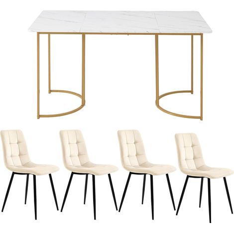 Ensemble repas 5 pièces, table à manger avec 4 chaises, ensemble de table de cuisine moderne, table de cuisine 140×80 cm avec pieds en métal dorés, plateau MDF blanc, chaises de salle à manger en velo (1/5)