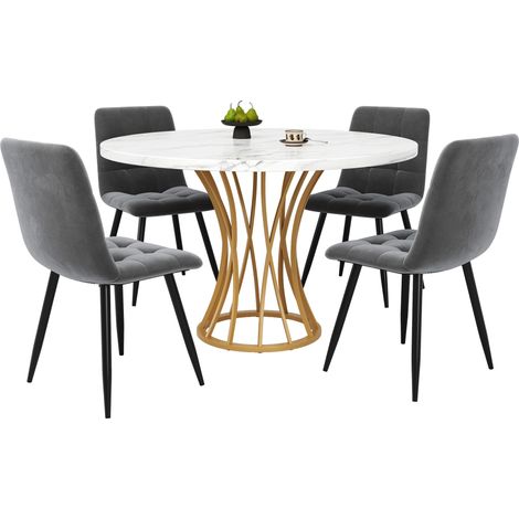 GagaEnsemble table à manger ronde 80 cm 4 chaises velours gris pieds dorés (1/5)