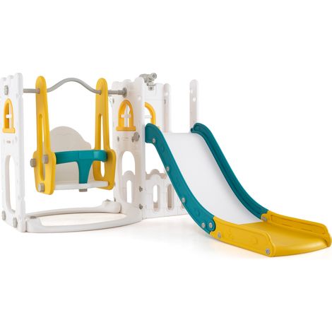 7 en 1 Toboggan Enfant en HDPE avec Balançoire & Panier de Basketball, Aire de Jeux Intérieure avec Télescope & Échelle, pour 1-3 Ans, Jaune+Vert (1/5)