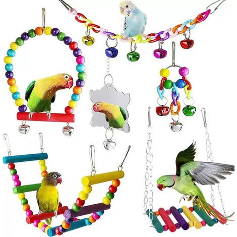 Ensemble de 8 jouets pour oiseaux - Balançoire - Jouets - Accessoires pour cage à oiseaux - Décoration - Amusant - Clochette - Peut servir de balançoire, de structure d'escalade, de jouet à poser et d (1/5)