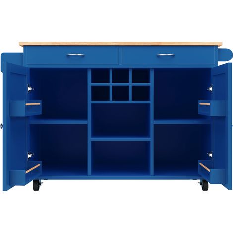 Îlot de cuisine multifonctionnel en MDF effet bois 102x45x92 cm avec roulettes et rangement bleu (1/5)